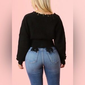 V-Neck Crop Distressed Sweater